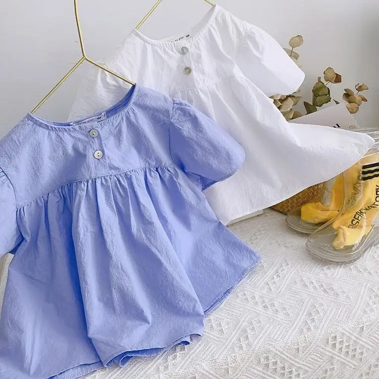 

2021 Summer Girls Kids Solid Color Blouses Toddler Baby Casual Clothes Short Sleeve Sweet Shirts Children Fashion Clothing Q76