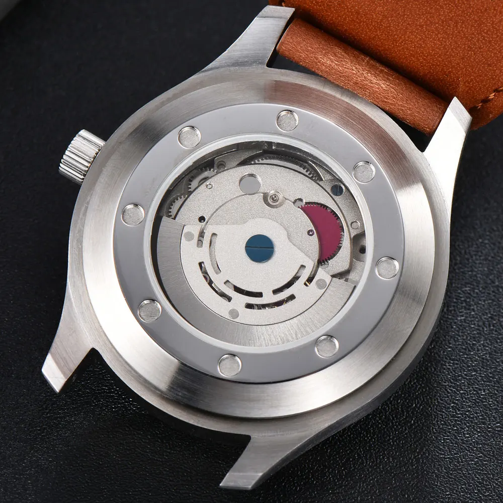 

Parnis 44mm Men's Mechanical Watch Black Sterile Dial Luminous Waterproof Leather Strap Casual Men's Automatic Watch