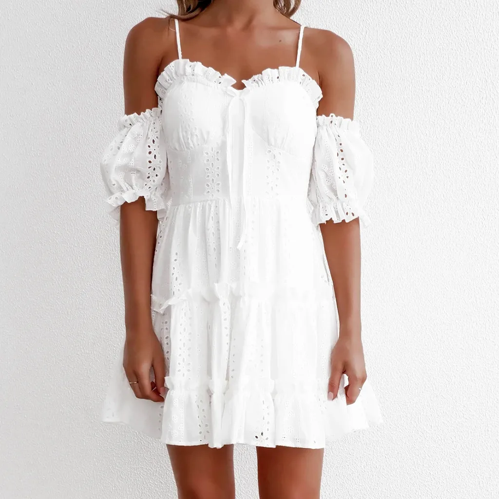 

Dress Ladies Fashion Women's Summer Autumn Embroidered Hollow Lace Wrapped Strap One-Sleeve Pleated Lace Dress