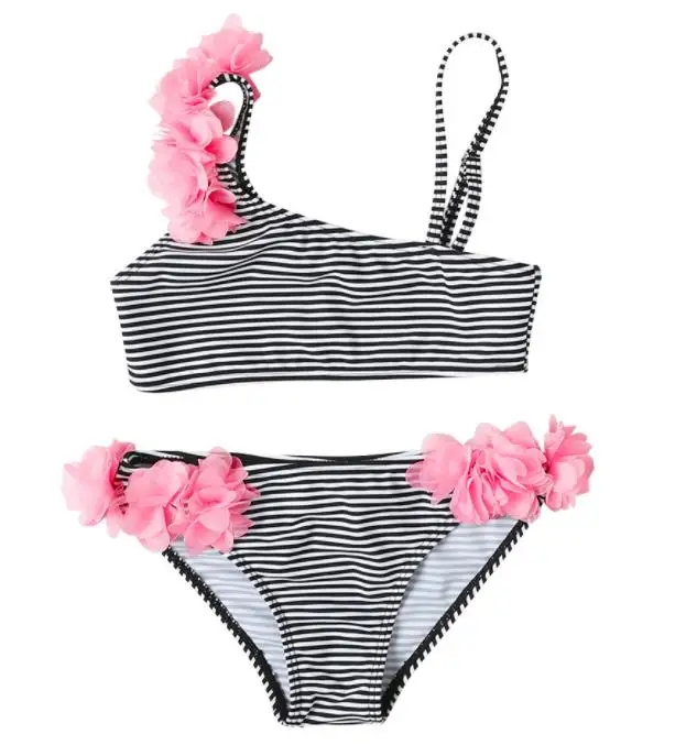 

Girls's 2 Piece Swimsuit, Stripe Adjustable Sling Camisole Flower Hipster Children's Swimming Suit