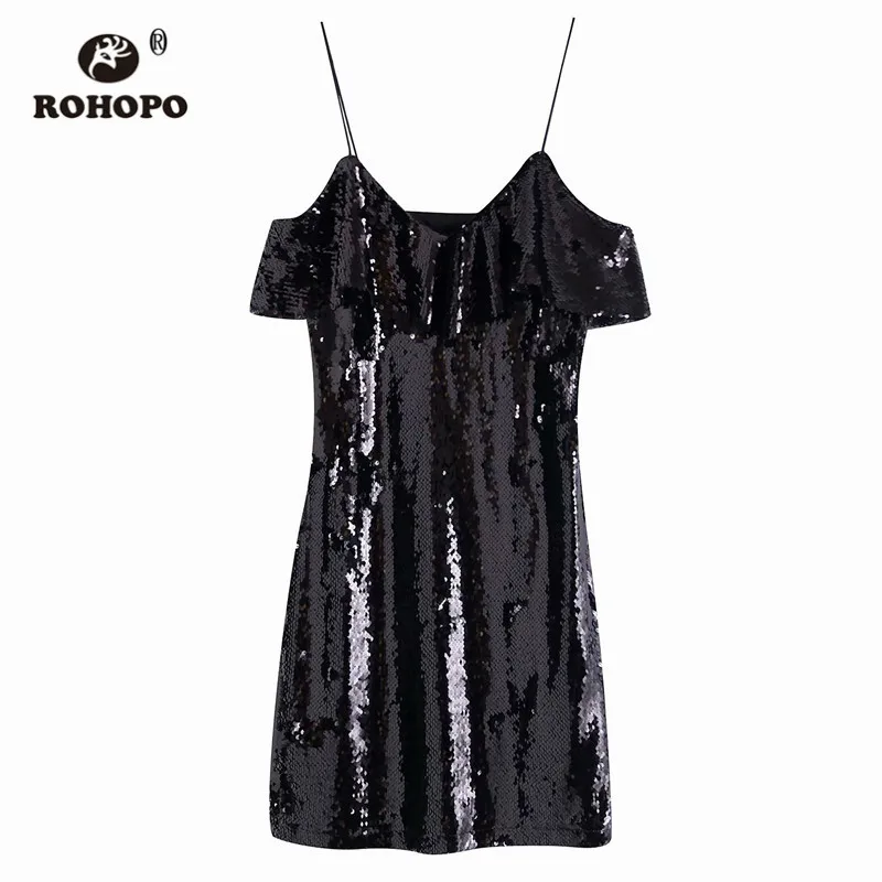 ROHOPO блестящее мини платье на тонких бретельках расшитое блестками красного и