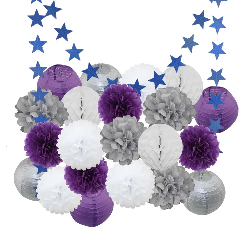 Silver Purple Set Лидер продаж 22 шт./компл. золото/черный/белая Круглая Бумажная Фонари Выпускной 50th День рождения одолжение рождественское год висит Изделия из бумаги - Color: Silver Purple Set