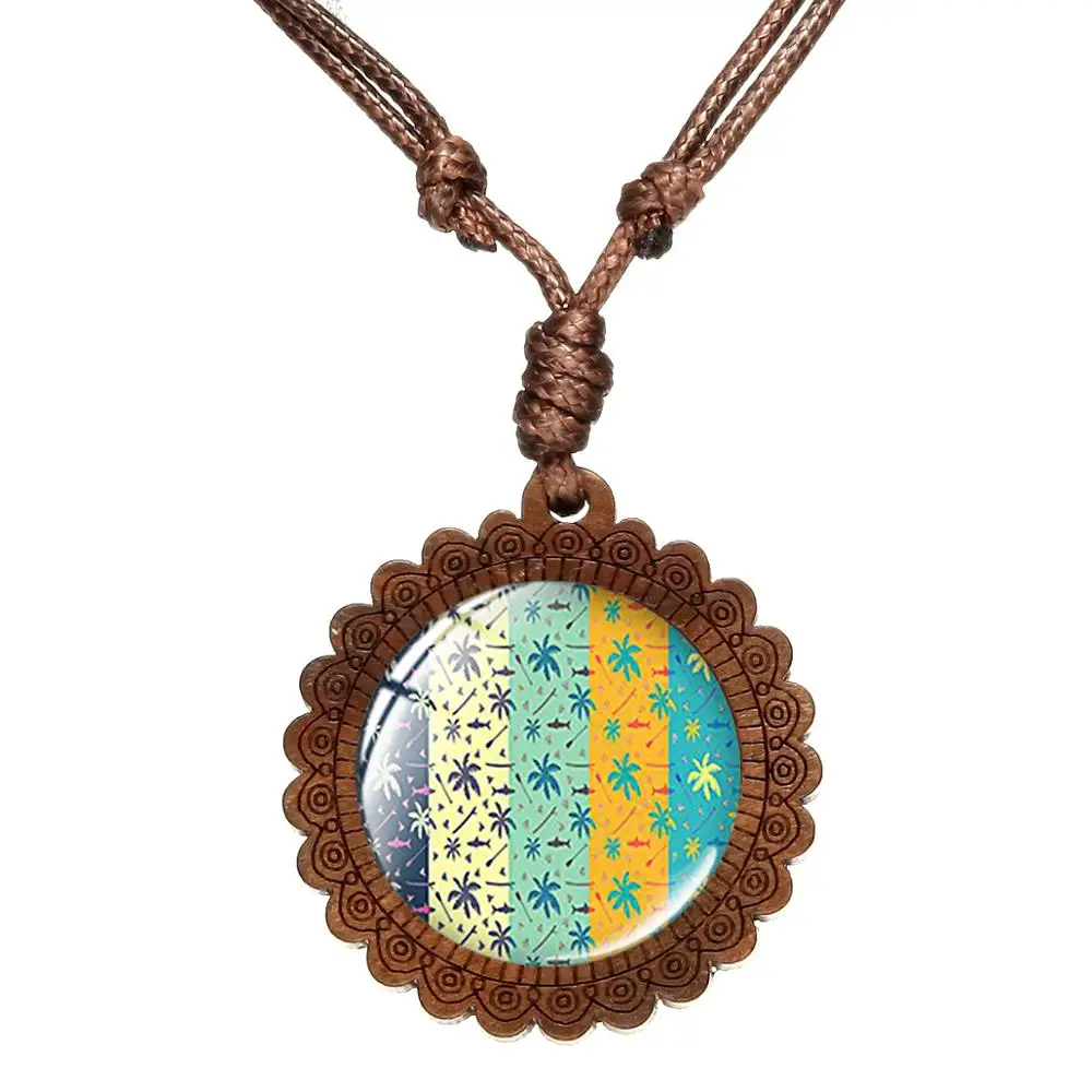 SIAN Palm Leaves Flamingo Charm Wooden Necklace Green Plant And Flower Art Pictures Glass Dome Round Pendant Hand Craft Jewelry | Украшения