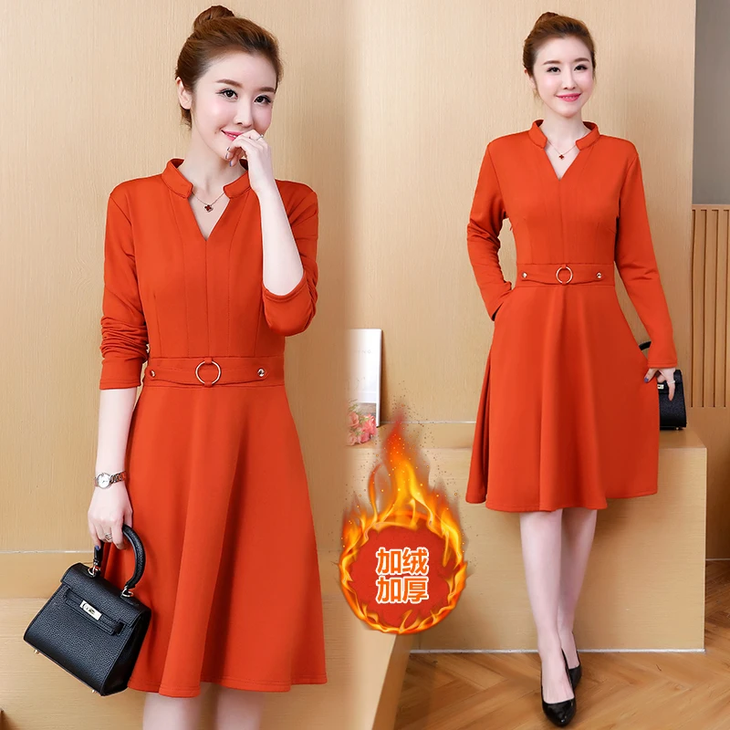 Женское теплое платье размера плюс L-4XL XXL XXXL 3XL XXXXL оранжевое тепловое 2019