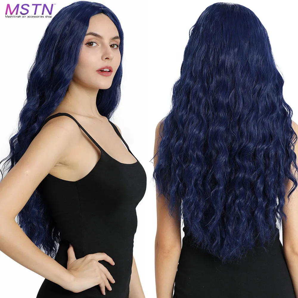 

MSTN Ladies Wig Long Big Wave-shaped Wig Synthetic Heat Resistant Wig Dark Blue Cosplay Daily Party