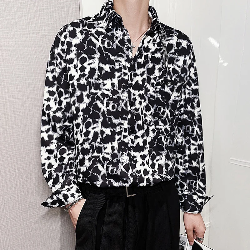 

Punk Metal Neckline Leopard Print Shirt Men Luxury Long Sleeve Club Prom Chemise Social Homme Spring Autumn Male Korean Clothes