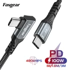 Кабель Fasgear 100 Вт с USB C на USB C, шнур для быстрой зарядки с углом 90 градусов PD, кабель для передачи данных 480 Мбитс для Xiaomi, Samsung, Huawei, P30, P20, Macbook, iPad