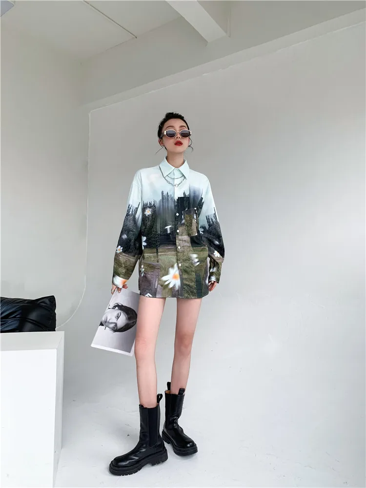 

Bornladies Forest Print Oversized Shirt Women Long Sleeve Top and Bloues Blue Green Button Up Shirt Daisy Floral Blouse Clothes