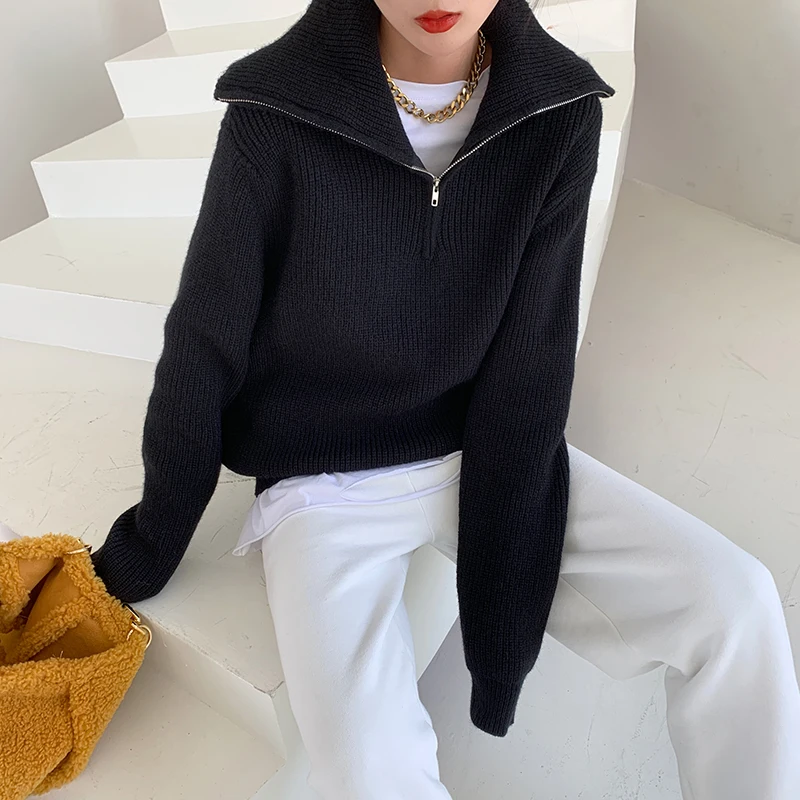 

CBAFU women pullovers sweater OL outwear striped warm thick bottoming sweater autumn winter turtleneck zipper knit sweaters M154