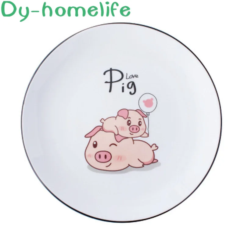 

8 Inch Nordic Creative Round Cartoon Pig Ceramic Plate Hotel Bone China Dinner Plate Household Kitchen Supplies Dessert Tray