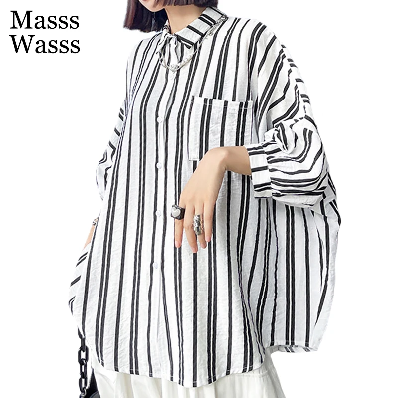 

Женская Полосатая Рубашка Masss Wasss, Повседневная белая блузка оверсайз в японском стиле с рукавами «летучая мышь», лето 2021