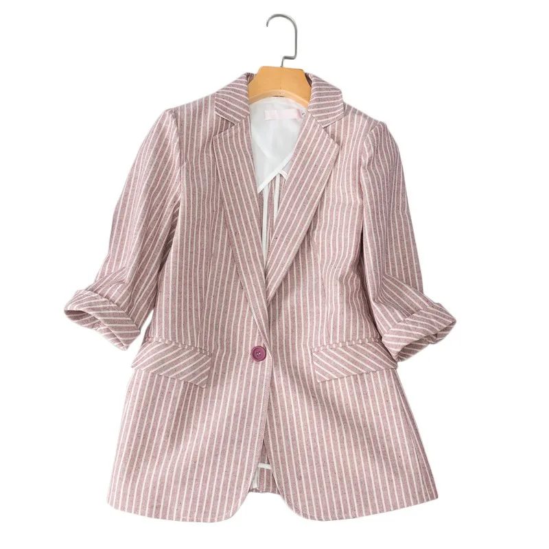 

Womens Summer Striped Cotton And Linen Thin Blazer Three Quarter Sleeve Single Button Casual Slim Fit Blaser Feminino Plus Size