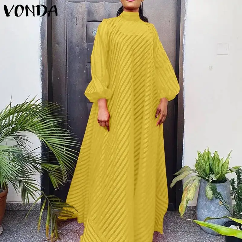 

Party Maxi Dress VONDA Women Sexy See-through Solid Color O Neck Long Dresses Loose Baggy Sundress Bohemian Vestidos Oversized