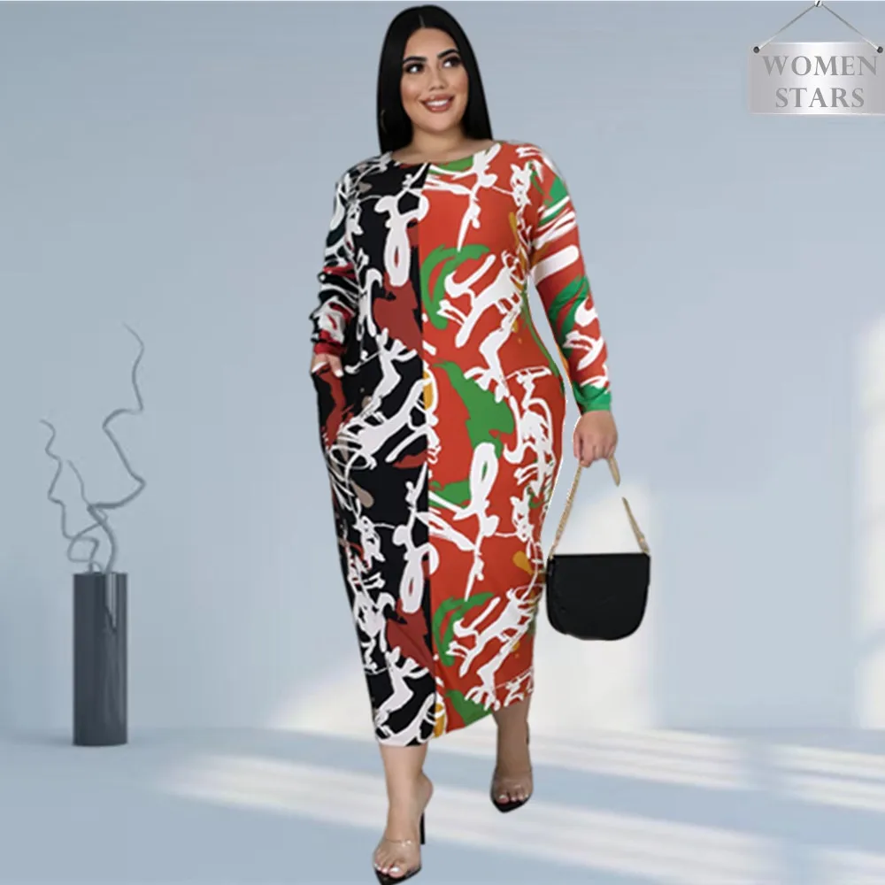 

Plus Size Dress Women Clothing XL-5XL Patchwork Loose Dresses Long Sleeve Stretch Maxi Fall Clothes 2021 Wholesale Dropshipping
