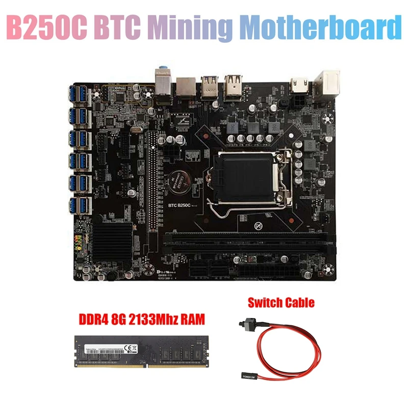 

Оригинальная материнская плата для майнинга BTC + кабель переключателя + DDR4 8G 2133 МГц ОЗУ 12xpcie на USB3.0 слот GPU LGA1151 материнская плата для компьюте...