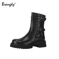 brangdy retro women martin boots genuine leather metal decoration round toe womens winter boots zipper ankle boots size 34 39