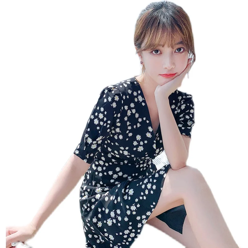 

COIGARSAM Floral Print Women dress New Summer Short Sleeve Dresses Black 2143