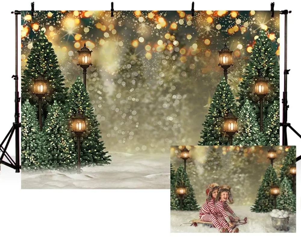 Winter Christmas Tree Snowflake Green Newborn Photography Background Snow Scene Glitter Bokeh Portrait Backdrops