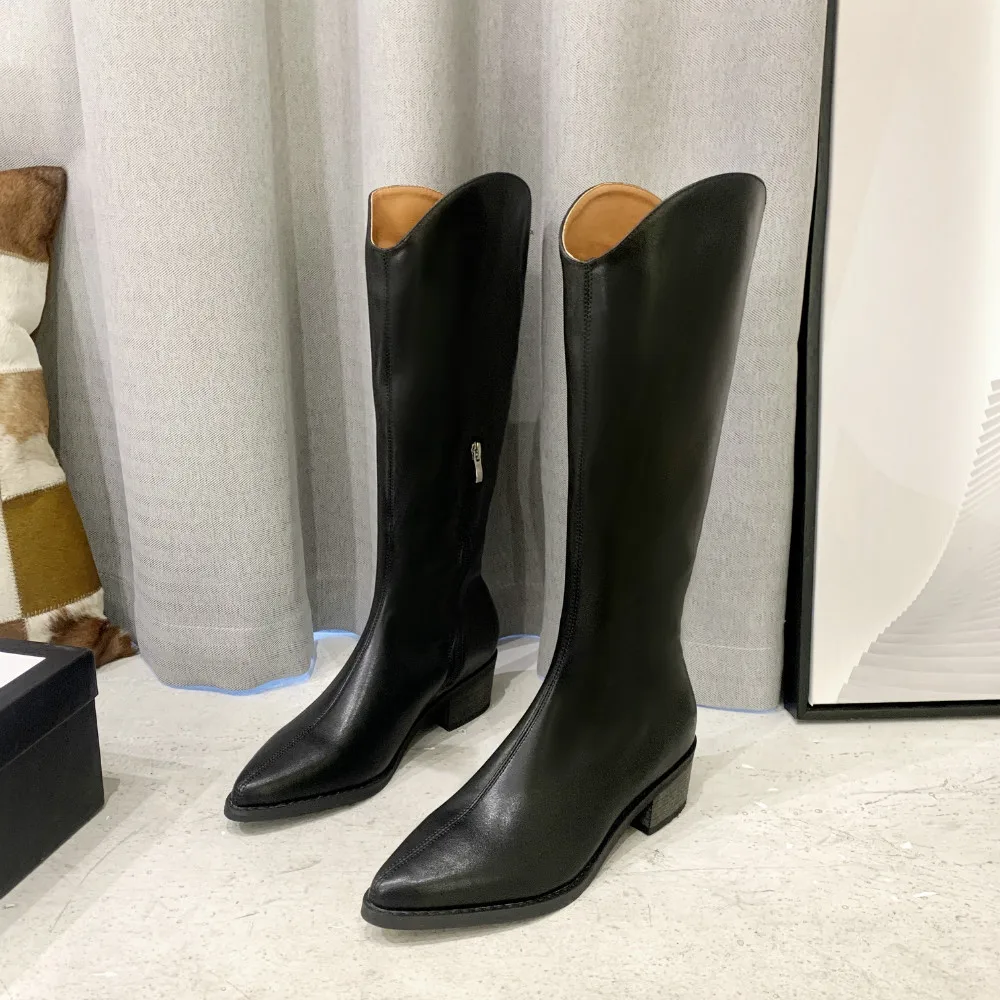 

2021 New Women Beige Mid Heels Wedges Long Boots Riding Cowboy Botas for Female Pointed Toe Knee-High Autumn Motorcycle Boots