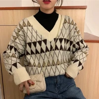 sweaters women vintage argyle korean all match chic v neck ladies pullovers student lazy style popular winter womens sweater new