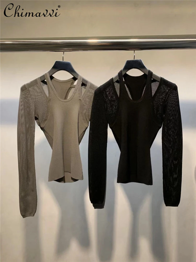 

2021 Autumn Winter Long Sleeve T Shirt Women Black Base Korean Casual Shirt Female Hollowed Out Fake Two Piece Knitted T Shirt