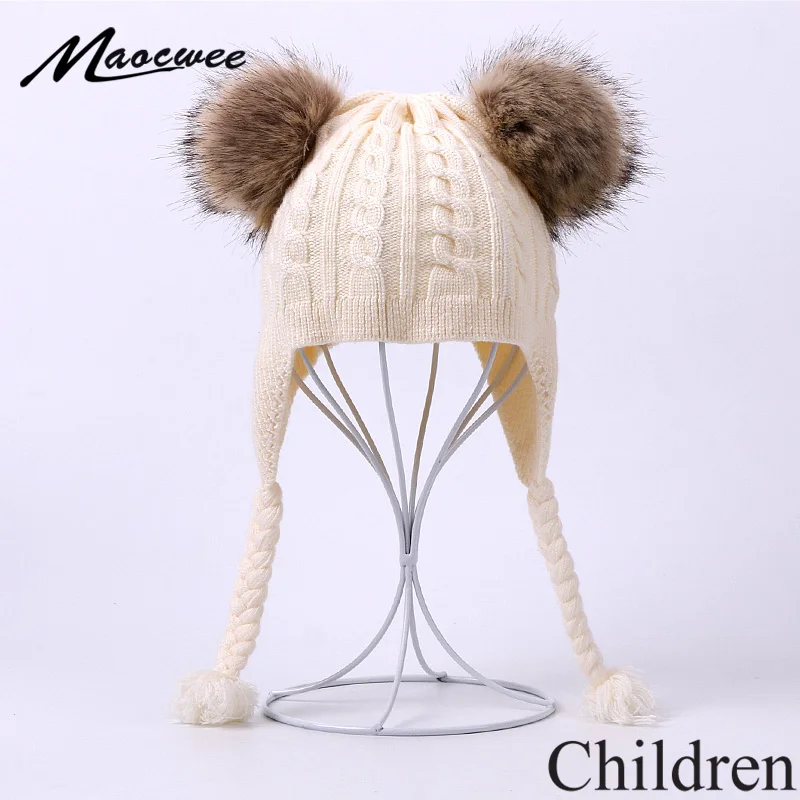 

Children Winter Double Faux Fur Pom Pom Hat For Girls Boys Earflap Knitted Braid Beanies Caps Baby Outdoor Thick Warm Bonnet Cap