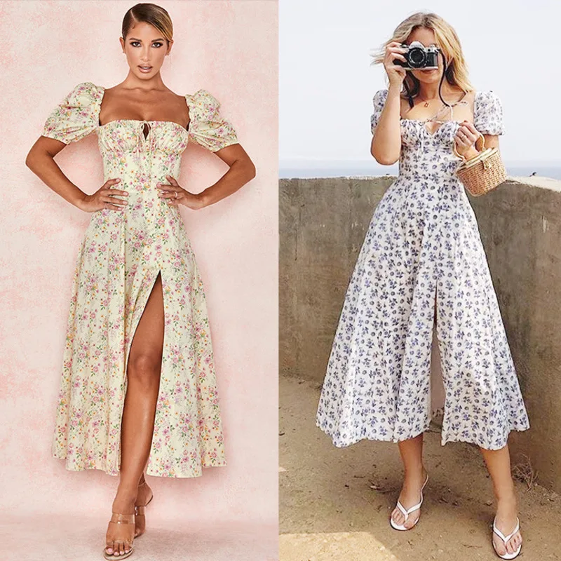 Robe en dentelle à imprimé Floral pour femmes, manches bouffantes, col carré, Chic, Maxi, fendue, Sexy, robes de soirée, Club, été, 2021