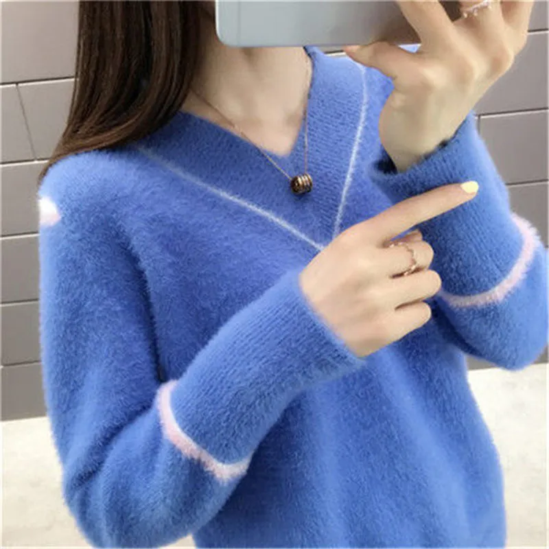 

Women Candy Colors Sweaters Fashion Autumn Winter Warm Mohair V-Neck Pullover Long Sleeve Casual Sweater Knitted Tops