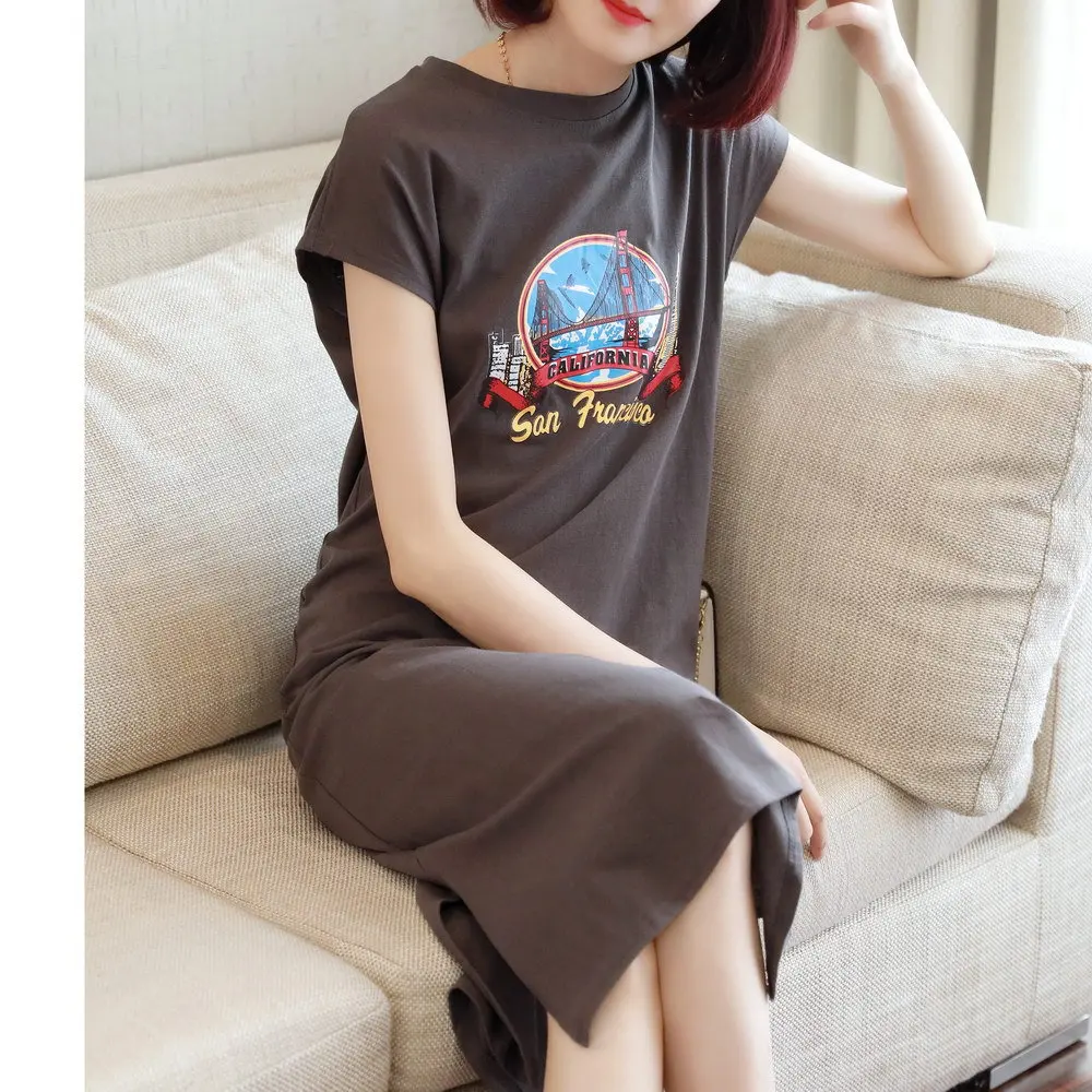 

Korean Style Print Split Blue Midi Tshirt Dress Woman Short Sleeve Casual Women Dresses Summer 2020 Plus Size Dresses for Women