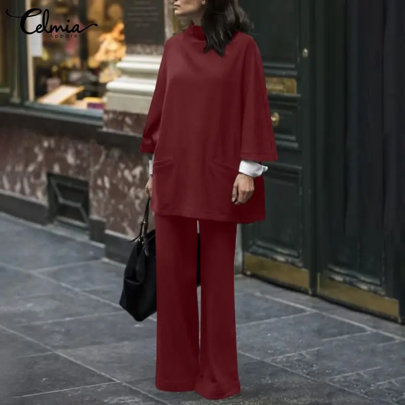 

Повседневные свободные брюки с широкими штанинами 2021, элегантные женские брюки Celmia, теплые зимние топы с воротником средней высоты и карман...