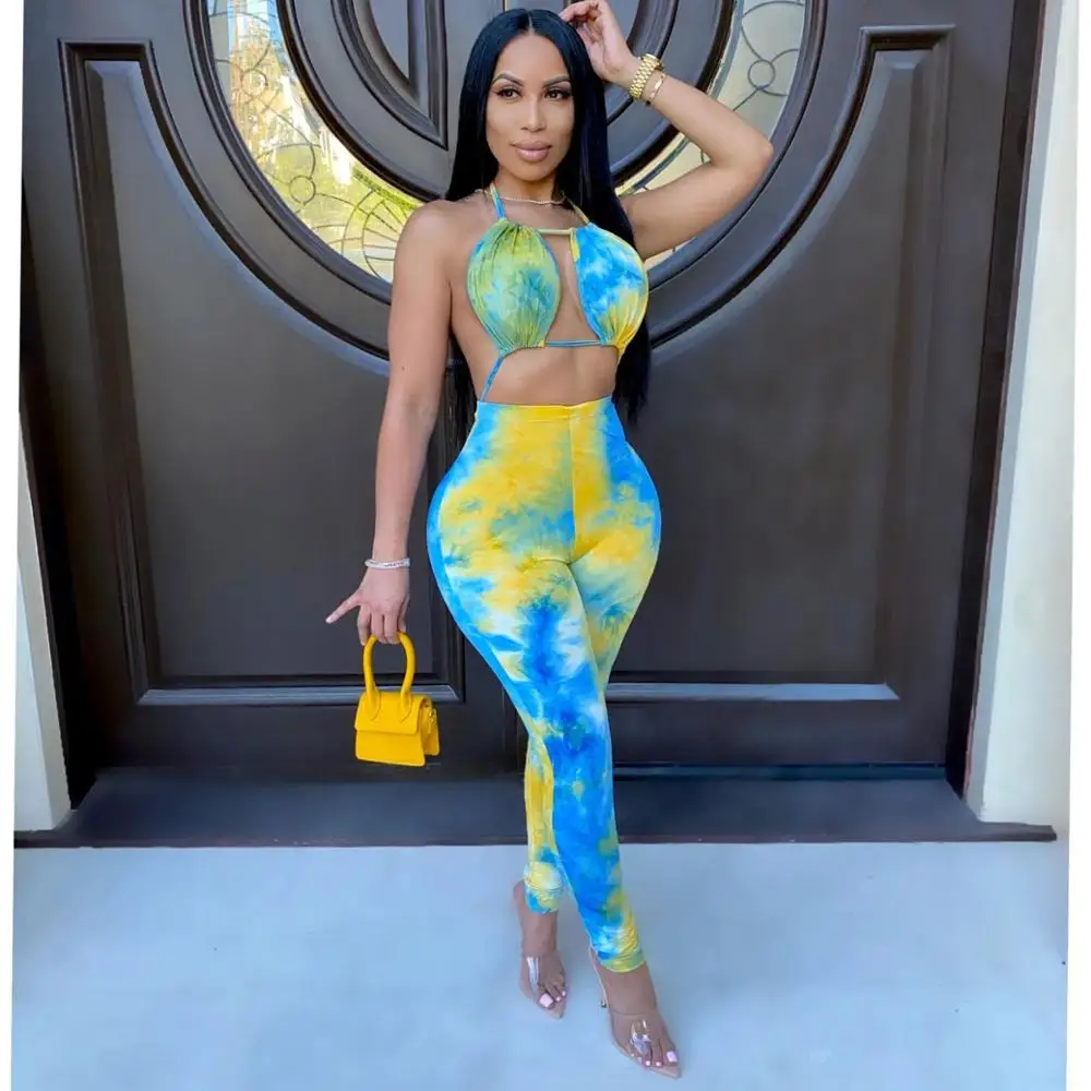 

Adogirl Sexy Tie Dye Print Halter Jumpsuit Bra Crop Backless Lace Up Top Long Pants Romper Fashion Night Club Overall Onesies