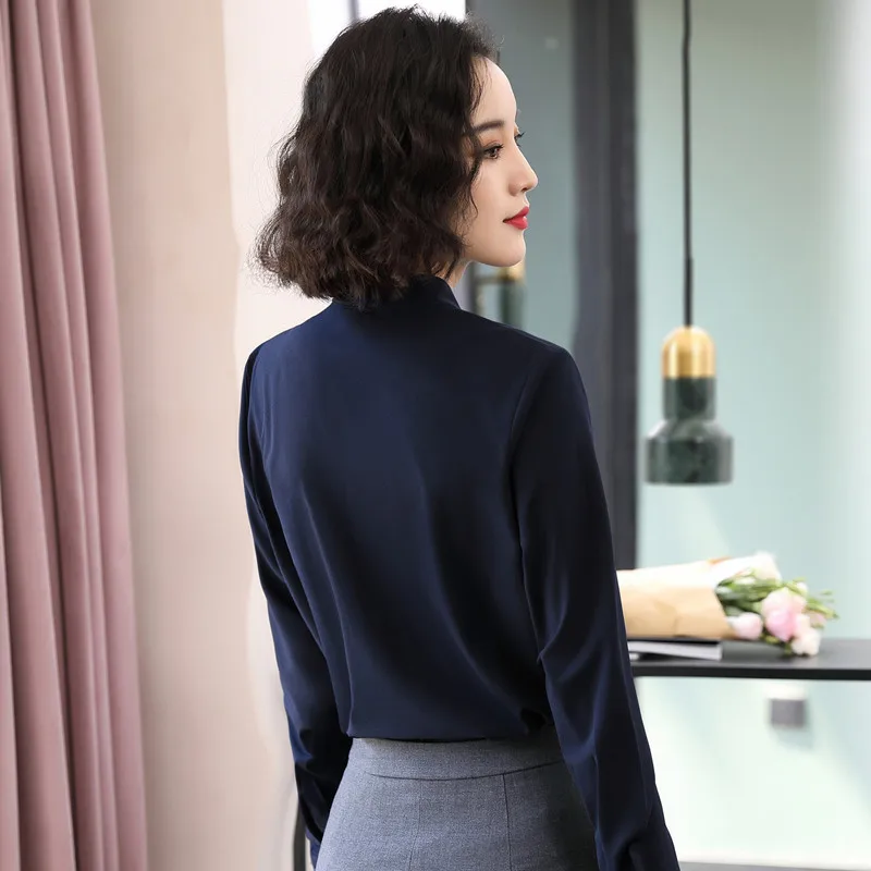 Dushicolorful  Women's Blouse Long Sleeve White Blue Elegant Bow Tie Office Lady Work Wear Shirt Formal Tops Plus Size 4xl