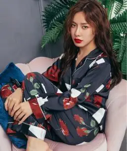Smmoloa Autumn Winter Long Sleeves Pijama Women Nature Silk Pajamas - Цвет: Черный