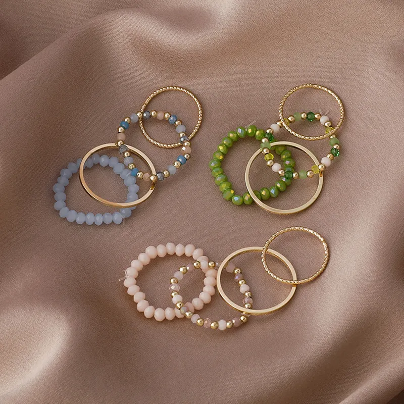 4PCS Women's Ring Summer Crystal Beaded Vintage Rings Set New Korean Women Jewelry Temperament Accessories Sweet Aesthetic Gift
