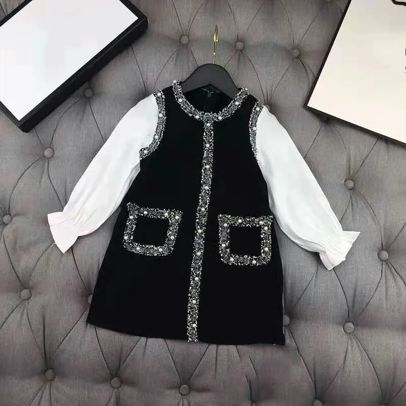 Весенне-осеннее платье для девочек; детское платье vestidos; детская брендовая одежда; Модная одежда с жемчужинами и карманами; с цветочным рисунком; манжета; для детей от 4 до 12 лет