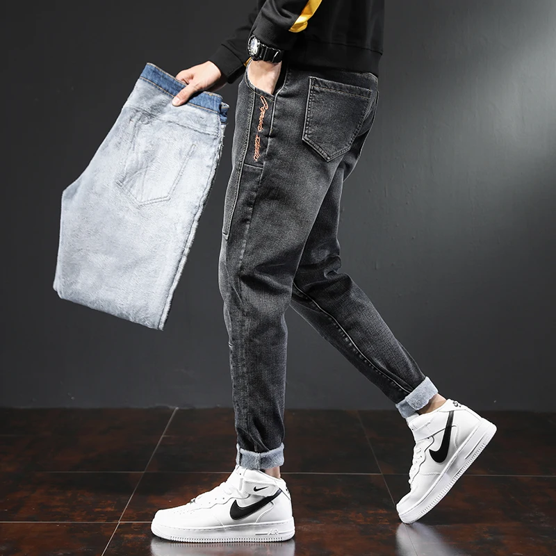 New Men's High Quality Autumn Winter Black Fleece Jeans Casual Thick Warm Denim Pants Slim Fit Streetwear Plus Velvet Trousers