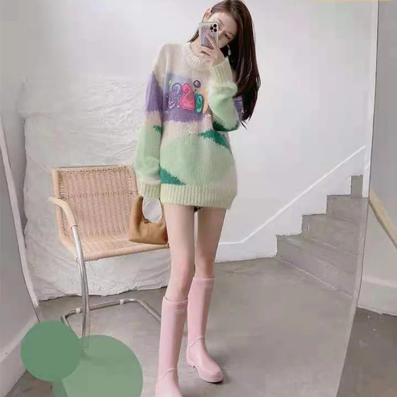 

Осень 2021, Повседневная Толстовка в Корейском стиле, Необычный дизайнерский смешной свитер контрастных цветов, Женский винтажный вязаный св...