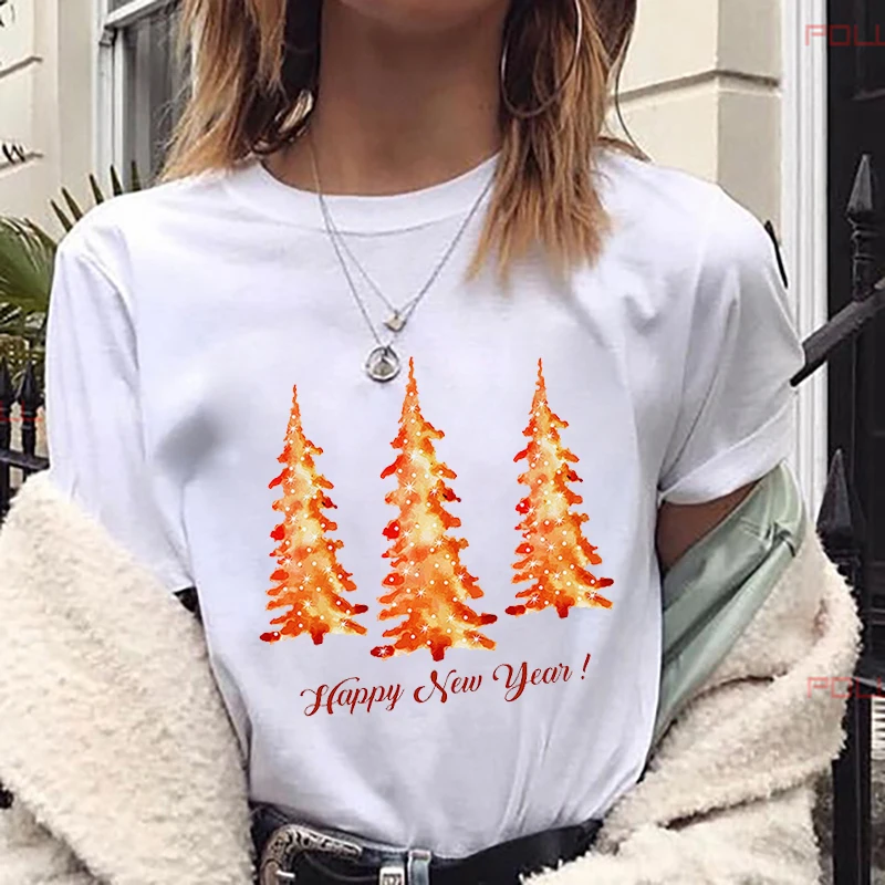 Женская футболка с графическим принтом Happy New Year Christmas Tree белая в Корейском стиле