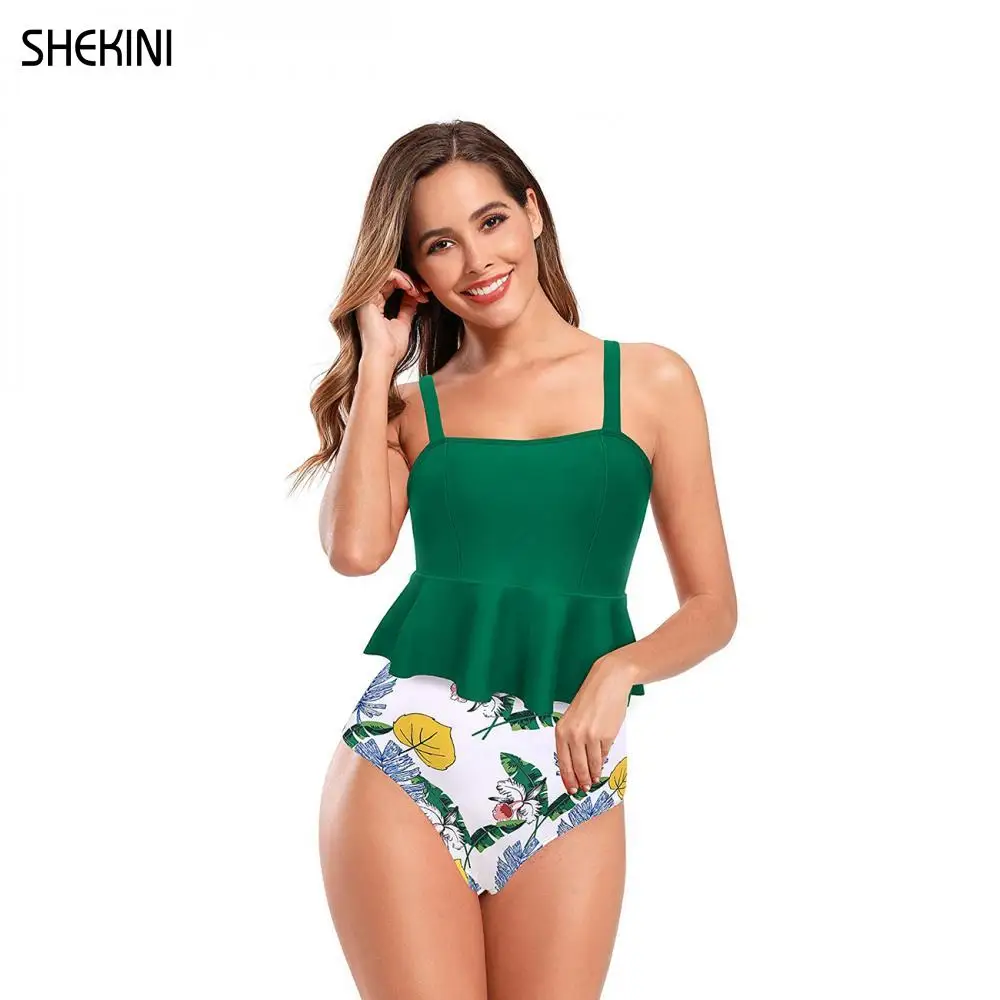 

SHEKINI Women's Square Neck Ruffled Flounce Bikini Set Printing High Waisted Bottom Two Piece Swimsuits Tankini Beachwear
