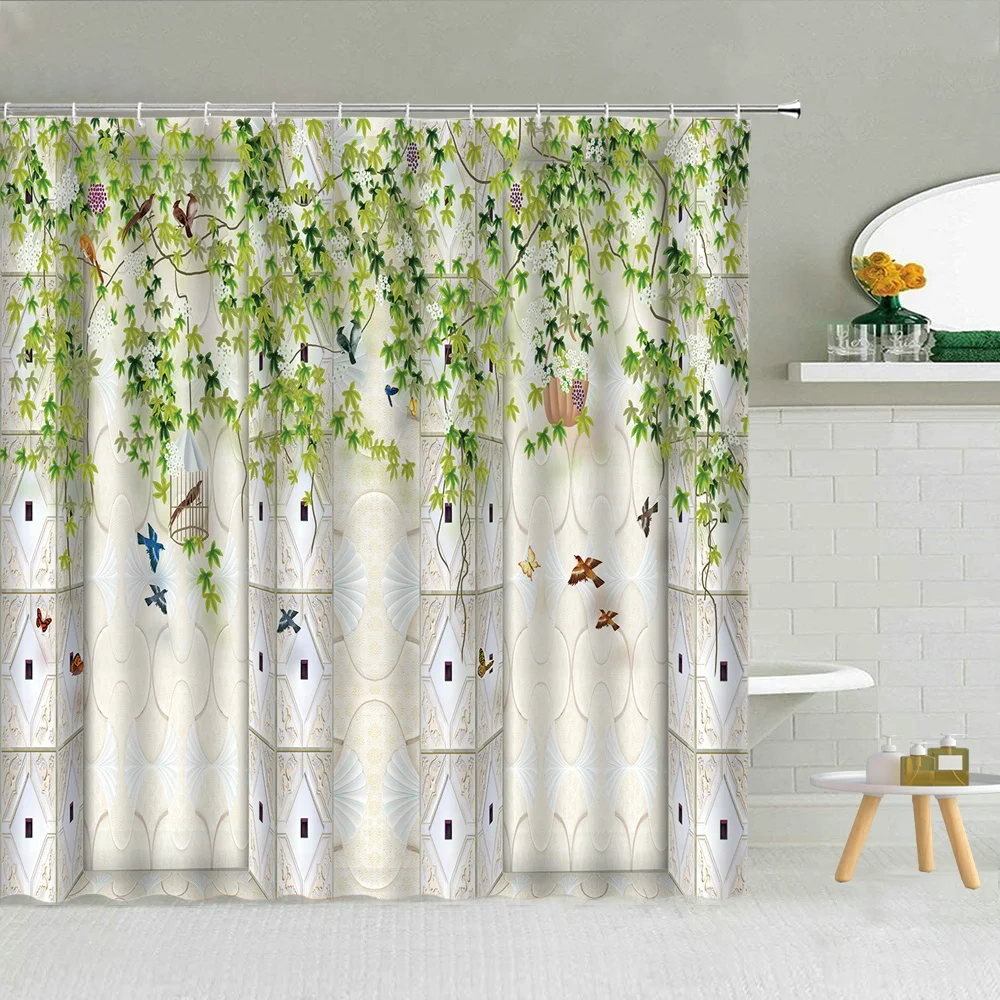 

Новая простая душевая занавеска с рисунком зеленых листьев винограда, птиц, полиэфирная ткань для ванной комнаты, ткань с крючками, занавес...