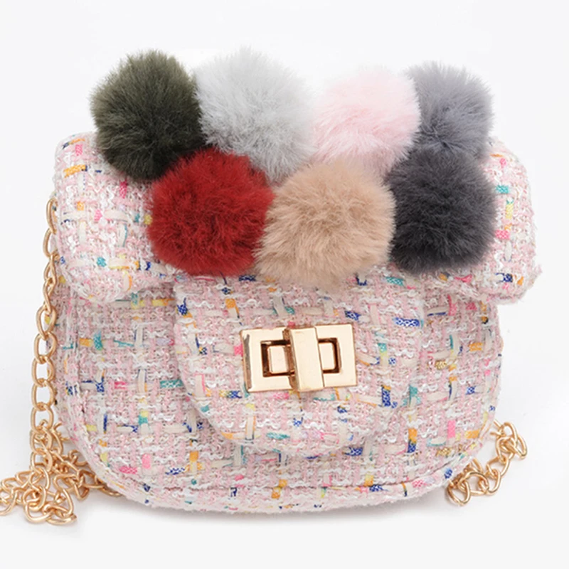 

Plush Ball Girls Shoulder Bag Cute Messenger Bag For Kids Phone Purse Soft Bow Hair Ball Crossbody Bags