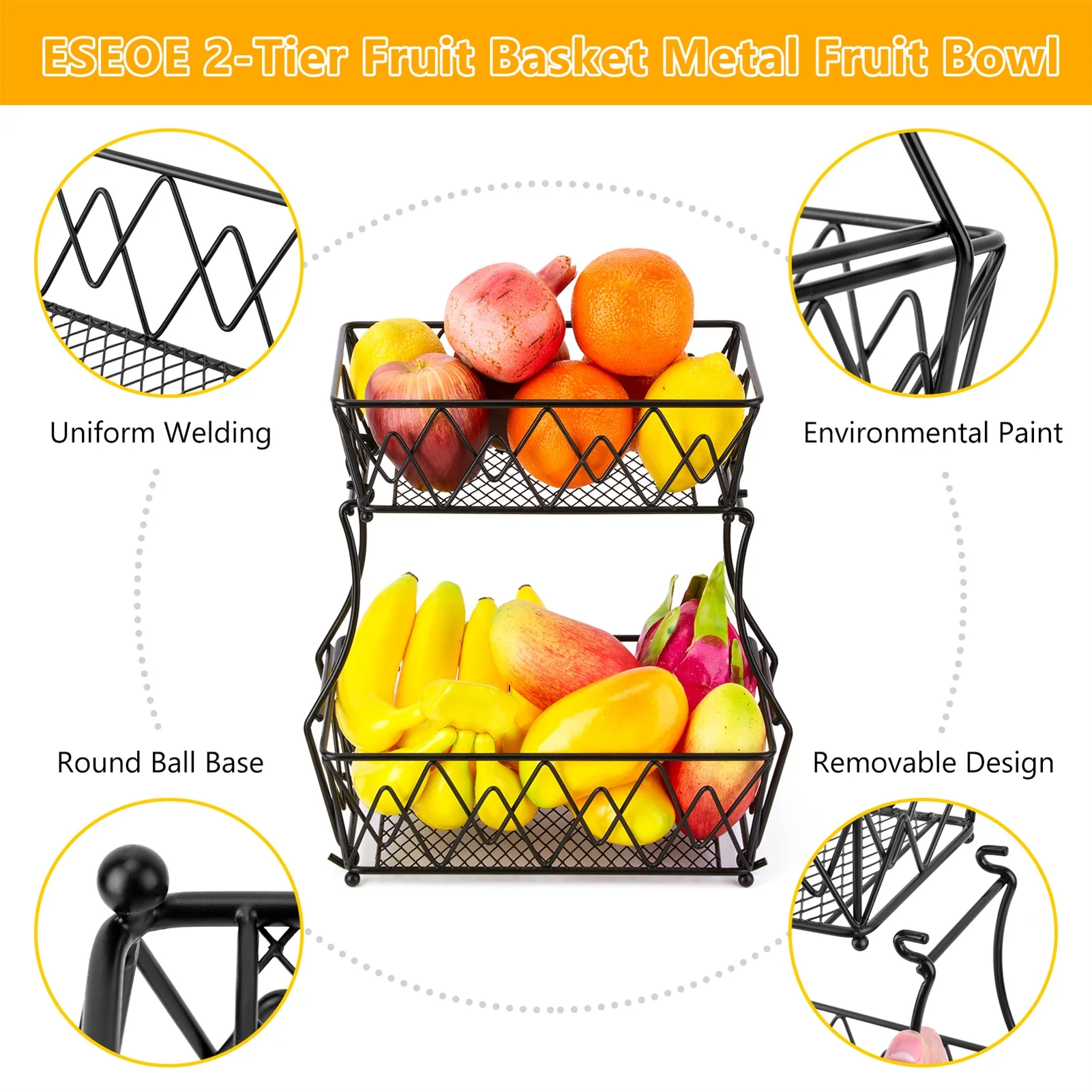 

2 Tier Fruit Basket Detachable Bread Display Stand Storage Holder Kitchen Vegetable Drain Rack Wrought Iron Fruit Basket