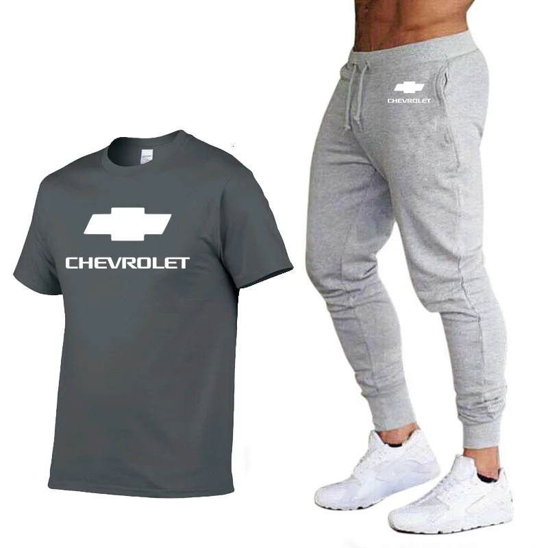 

Unisex Summer Men T-shirt Pants Suit Chevrolet Car Logo Printing Short Sleeve Round Cotton Neck Men T-shirt+pants 2 piece suit