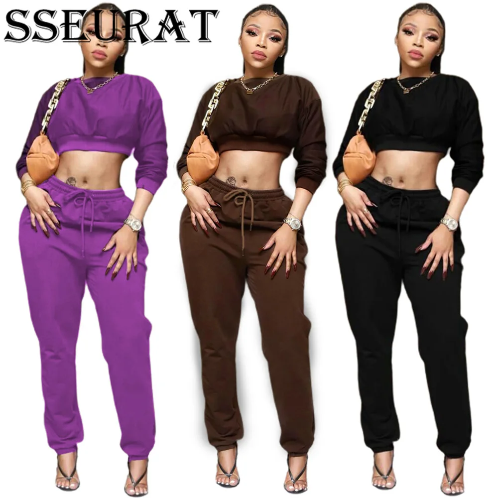 

SSEURAT Autumn Winter New Women Sports Suit Stylish Solid Color Long Sleeve Casual Two-Piece Set Stracksuit