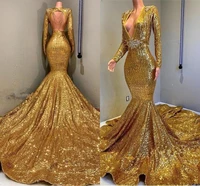 2020 gold sparkling long sleeves sequins mermaid prom dresses deep v neck beaded stones backless sweep train party evening gowns