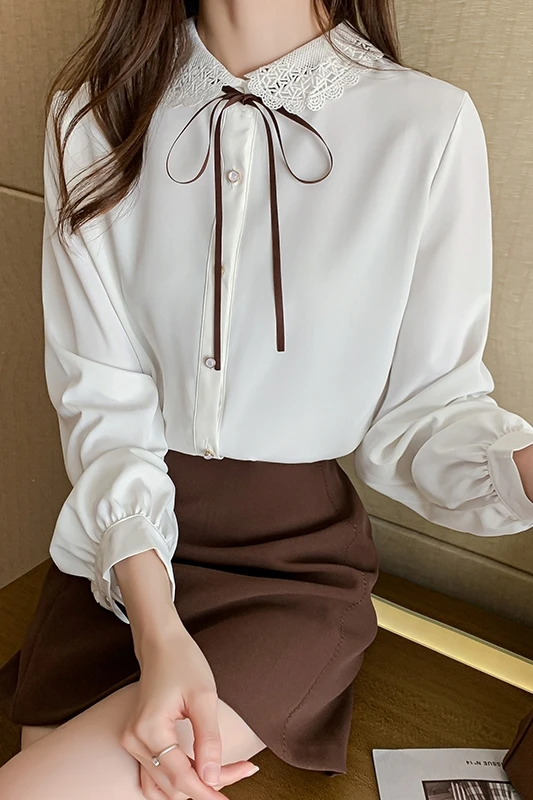 

Houthion New Long-sleeved Women Blouse Polo Collar Summer Stitching Casual Shirt Lace Bow Chiffon Comfortable Fashion Tops