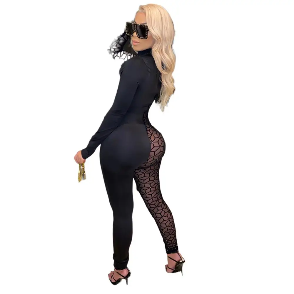 

Newest 2021 Spring Sexy Women Jumpsuits With Mesh Patchwork Nightclub High Neck Long Sleeve Skinny See Through Pants Rompers