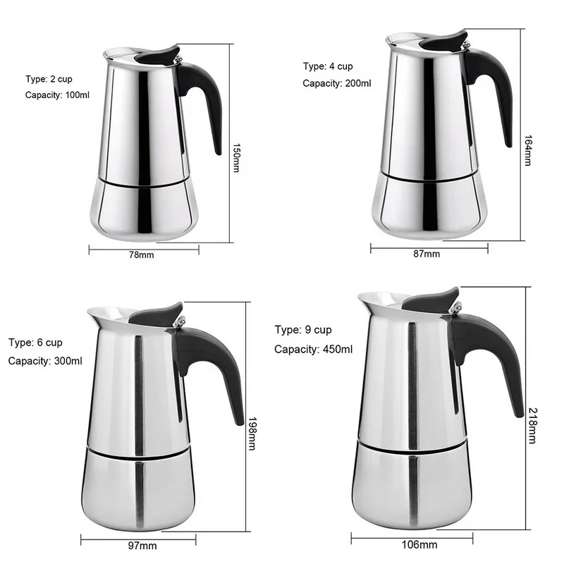 Moka Express 2/4/6/9 Cups Capacity Stainless Steel Coffee Kettle Pot Maker With Safety Valve 100ml/200ml/300ml/450ml | Дом и сад