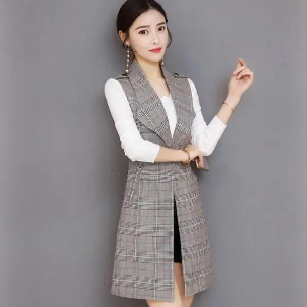 Spring Long Blazer Vest Women Office Slim Single Button Plaid Suit Harajuku Vintage Waistcoat Sleeveless Jacket DV514 | Женская одежда