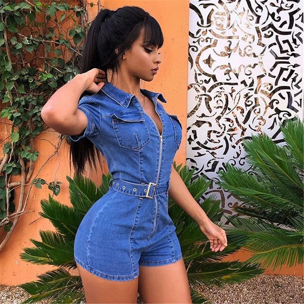 Женские летние синие облегающие джинсовые комбинезоны с коротким рукавом